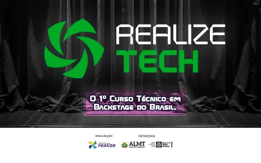 Imagem com a logo do projeto Realize Tech e parceiros institucionais. Ao fundo uma imagem de uma cortina de um palco fechada.